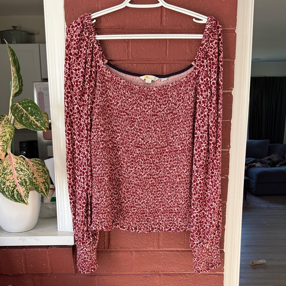 Boden Red and Pink Cherry Printed Smocked Long Sleeve Shirt Size 16